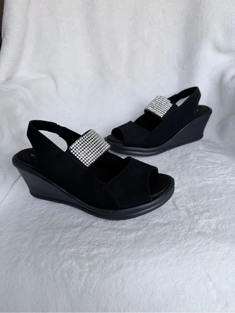 Skechers Sandals Womens 7 Cali Rumblers Sparkle Slingback Wedge Heels SN 38587 - Picture 2 of 11